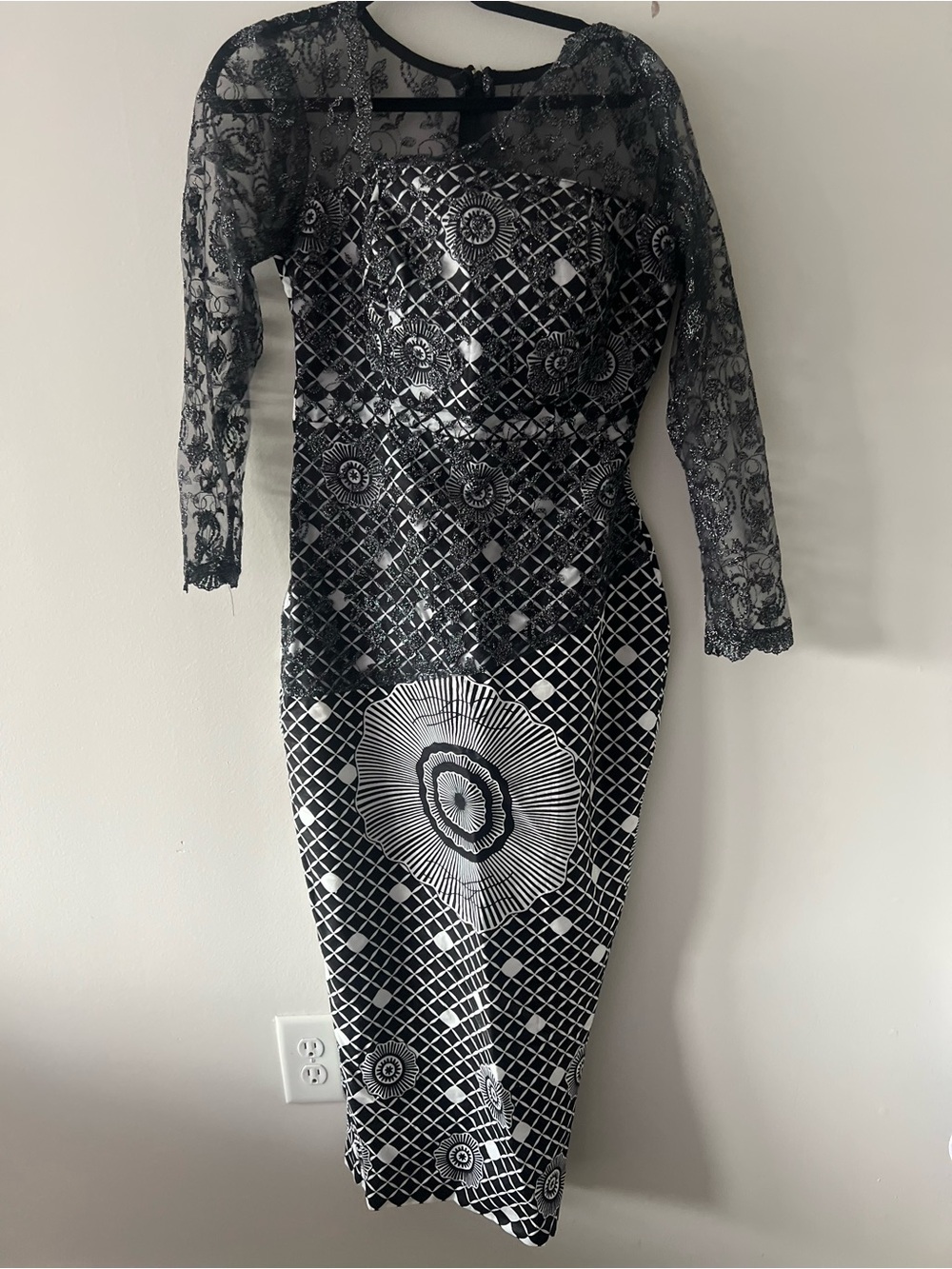 Custom Made Black & White Lace Sleeve Bodycon Dress